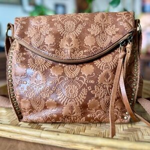 The Sak Brown Embossed Leather Crossbody Bag Boho Floral Studded